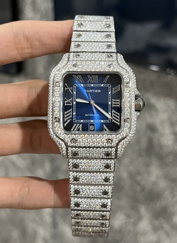 Cartier Santos Best Replica Watch Custom Moissanite Diamonds Blue Dial 39.8mm