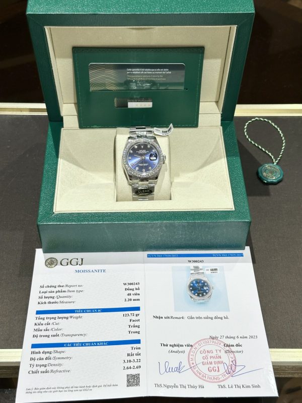 Rolex DateJust Replica Watch With Moissanite Diamond Blue Dial Clean 41mm
