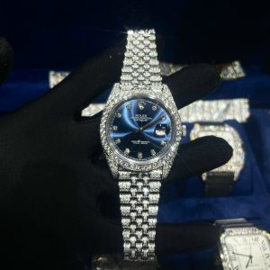 Rolex Best Replica Watch DateJust Dial Blue Custom Full Diamonds Moissanite 41mm
