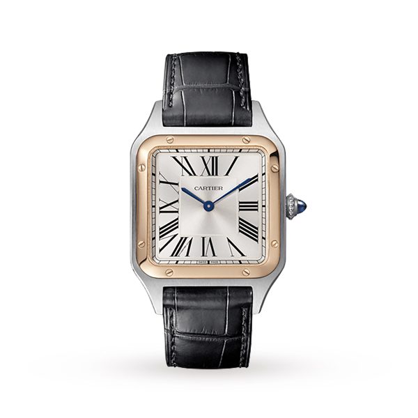 Cartier Santos-Dumont Watch Large Model Quartz Pink Gold Steel Leather W2SA0011