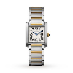 Cartier Tank Française watch medium model quartz movement. Steel case octagonal crown in yellow gold set with a synthetic cabochon-shaped spine W2TA0003