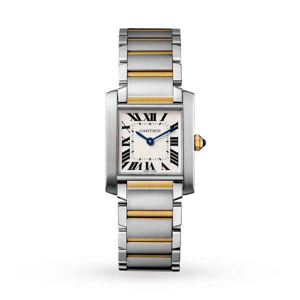 Cartier Tank Française watch medium model quartz movement. Steel case octagonal crown in yellow gold set with a synthetic cabochon-shaped spine W2TA0003